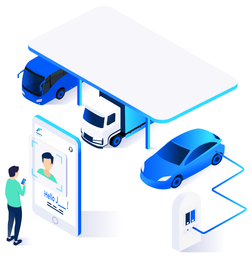 Isometric illustration of a hydrogen station with truck, car and mobile app check-in