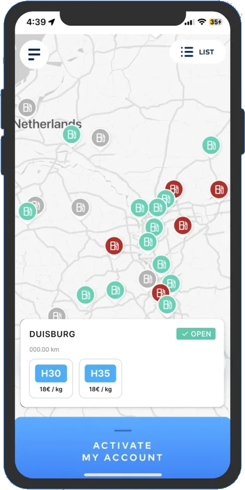 FillnDrive app screen showing real-time availability of hydrogen stations
